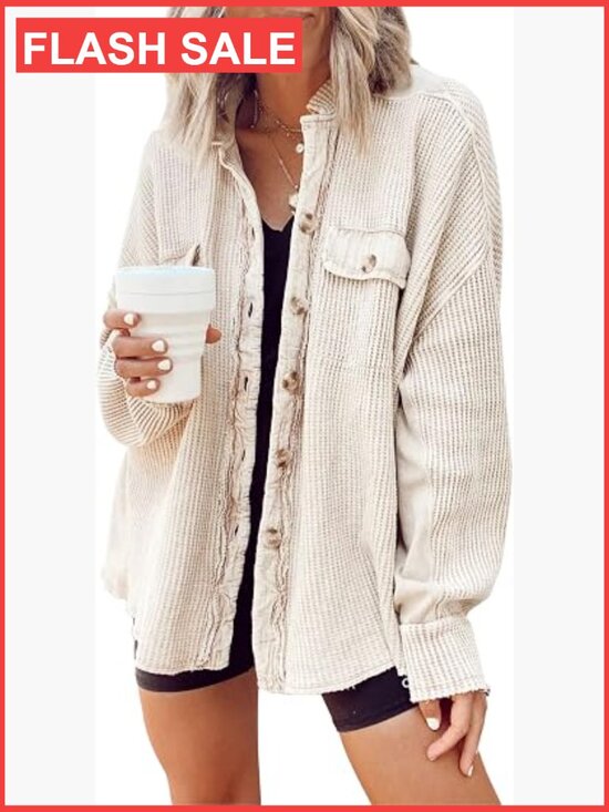 Tops - Waffle Knit Button Down Shacket Loose Fit Batwing Sleeve